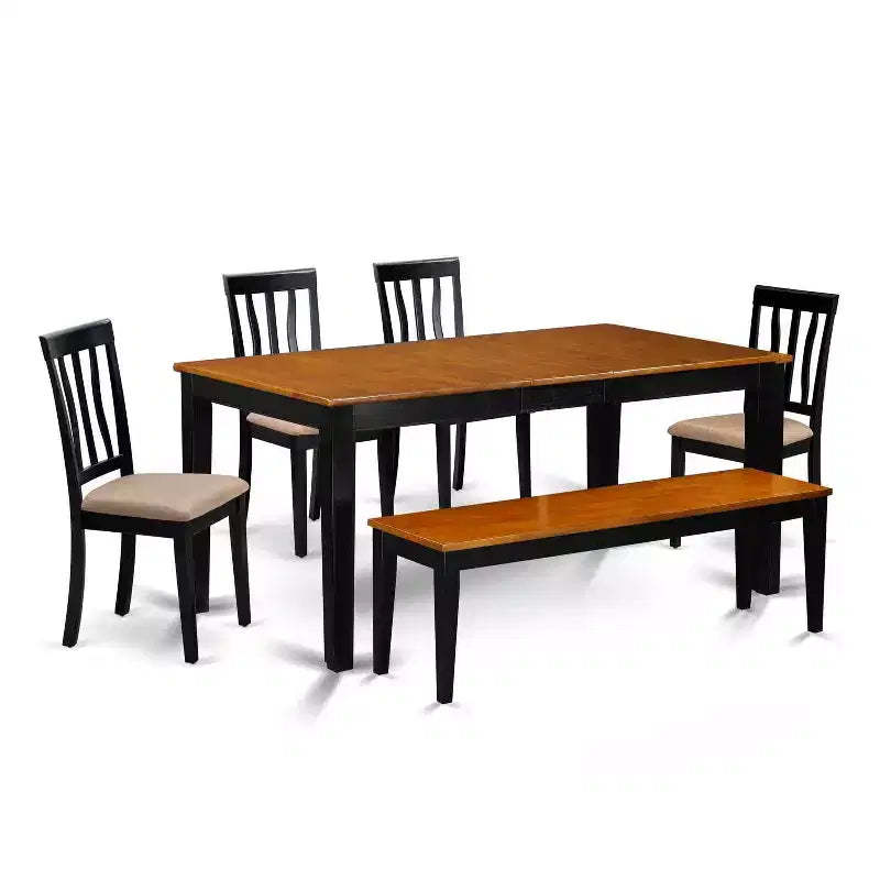 Nordic Dining Set - 6 Piece Kitchen Table & Chair Set - Black Cherry Finish - Rectangle Table with Bench