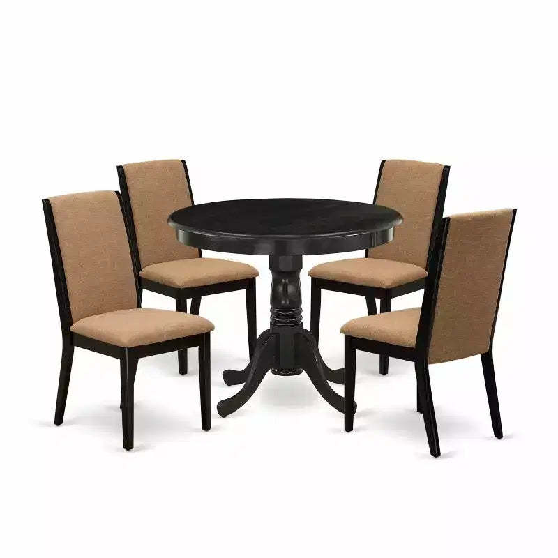 HomeStock 5-Piece Round Wirebrushed Black Finish Solid Wood Top Dining Table with 4 Parson Chair