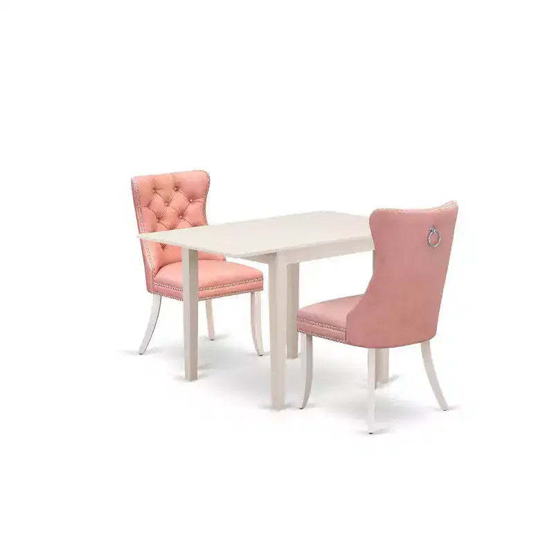 HomeStock 3-Pc Linen White Finish Rectangular Solid Wood Top with Dropleaf Dining Table Set