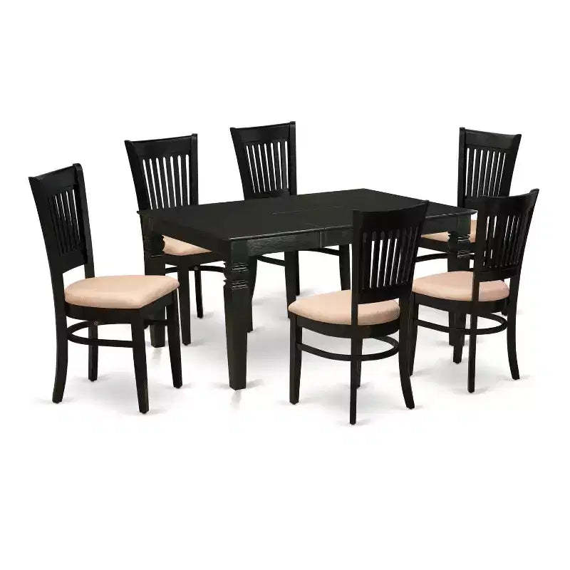 HomeStock 7-Piece Rectangle Black Finish Solid Wood Top Dining Table with 6-Chairs with Butterfly Leaf Slat Back