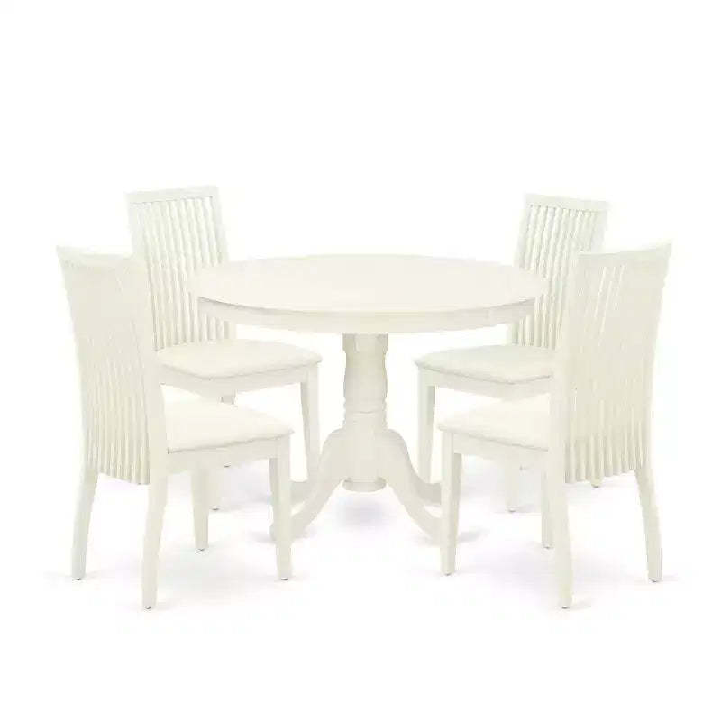 HomeStock 5-Piece Round Linen White Finish Solid Wood Top Dining table with 4 Chairs