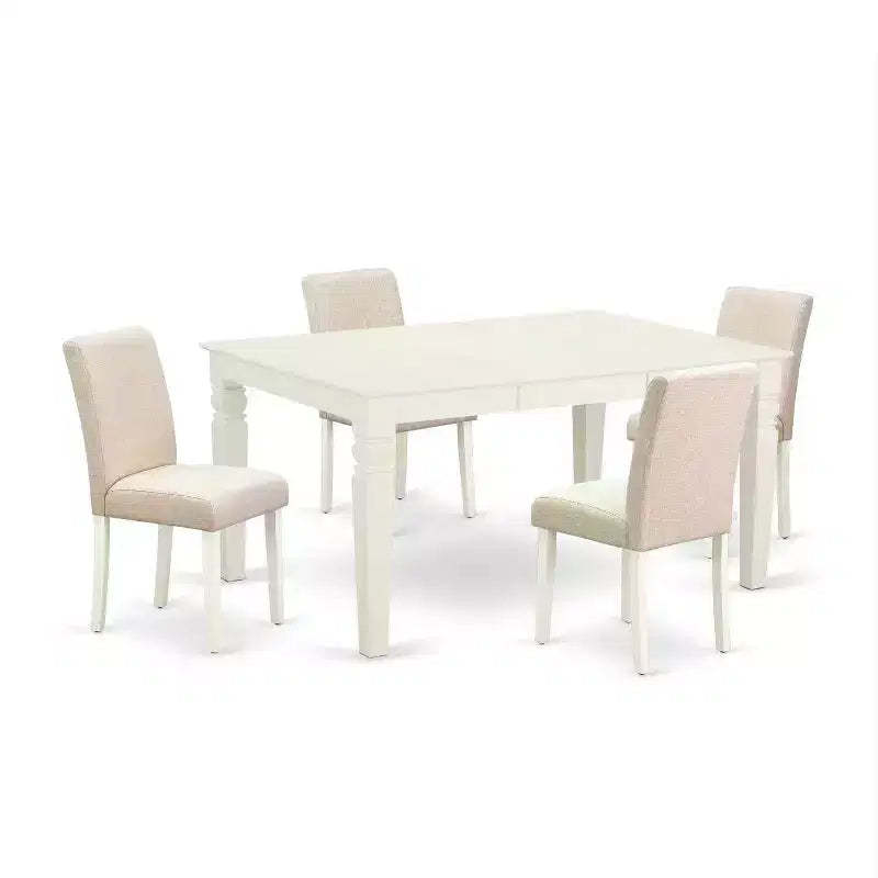 Rectangle Kitchen Dining Table Set - 5pc Table & 4 Chairs - Linen White Legs - Light Beige Fabric