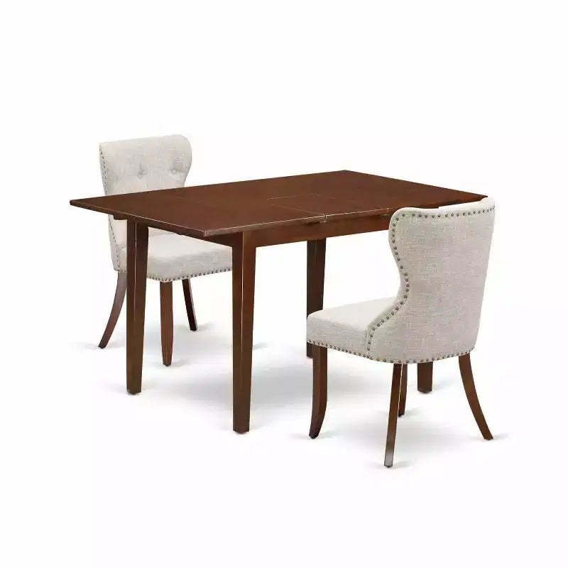 Vintage Kitchen Dinette Set - 2 Fabric Chairs & Butterfly Leaf Table - Mahogany Finish