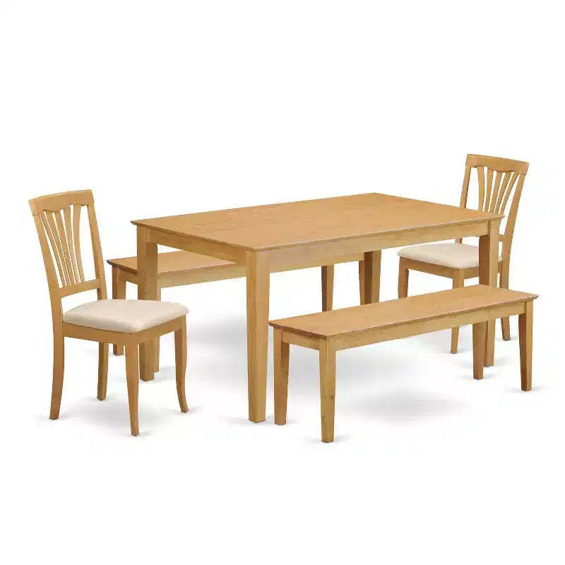 HomeStock 5-Piece Rectangle Natural Oak Finish Solid Wood Top Dining Table with 2 Benches, 2 Chairs