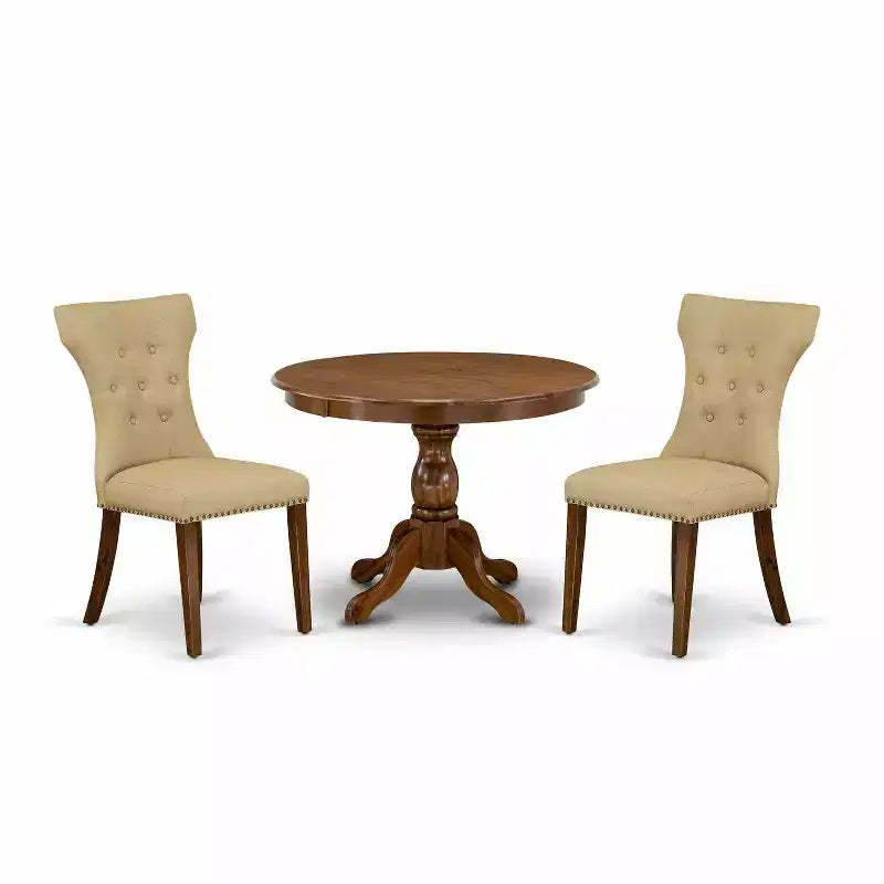 3-Piece Acacia Walnut Finish Solid Wood Top - Button Tufted Dining Room Set - Seats 4