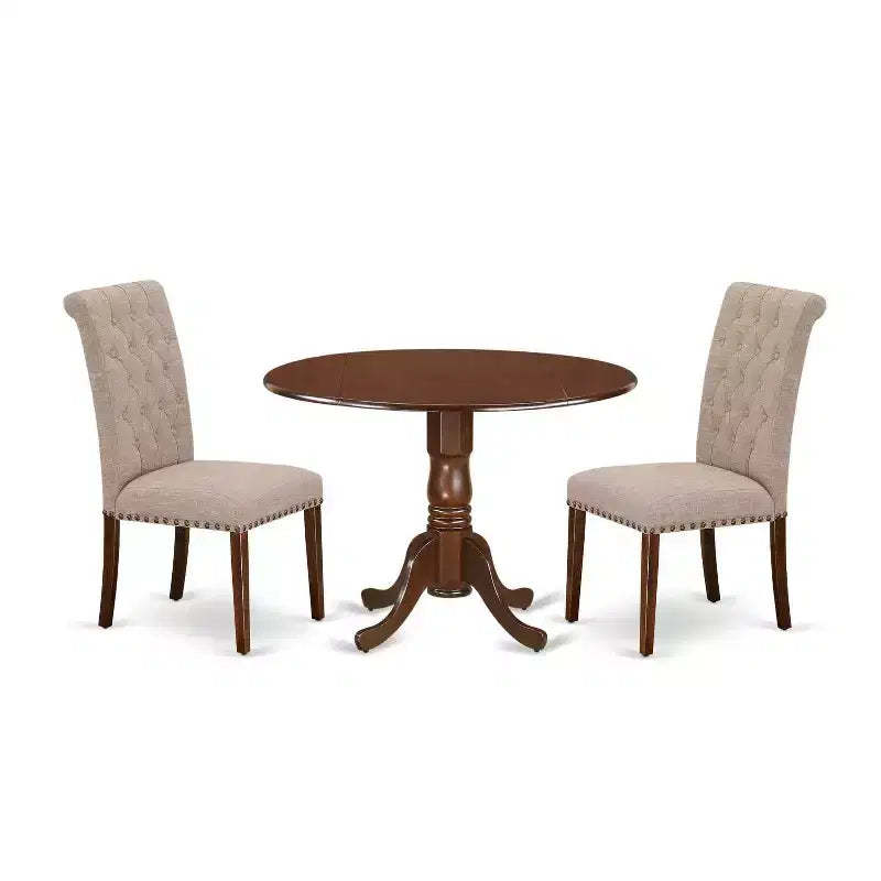 HomeStock 3-Piece Round Mahogany Finish Solid Wood Top Dining Table with 2 Parson Chairs with Drop Leaf