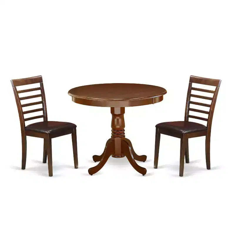 Round Pedestal Dining Table Set - 3 Piece Kitchen Chairs - 36 Inch Mahogany Finish - Small Space Dining