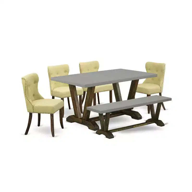 HomeStock 6-Pc Rectangle Distressed Jacobean Finish Solid Wood Top Dining Table with 1-Bench, 4-Chairs