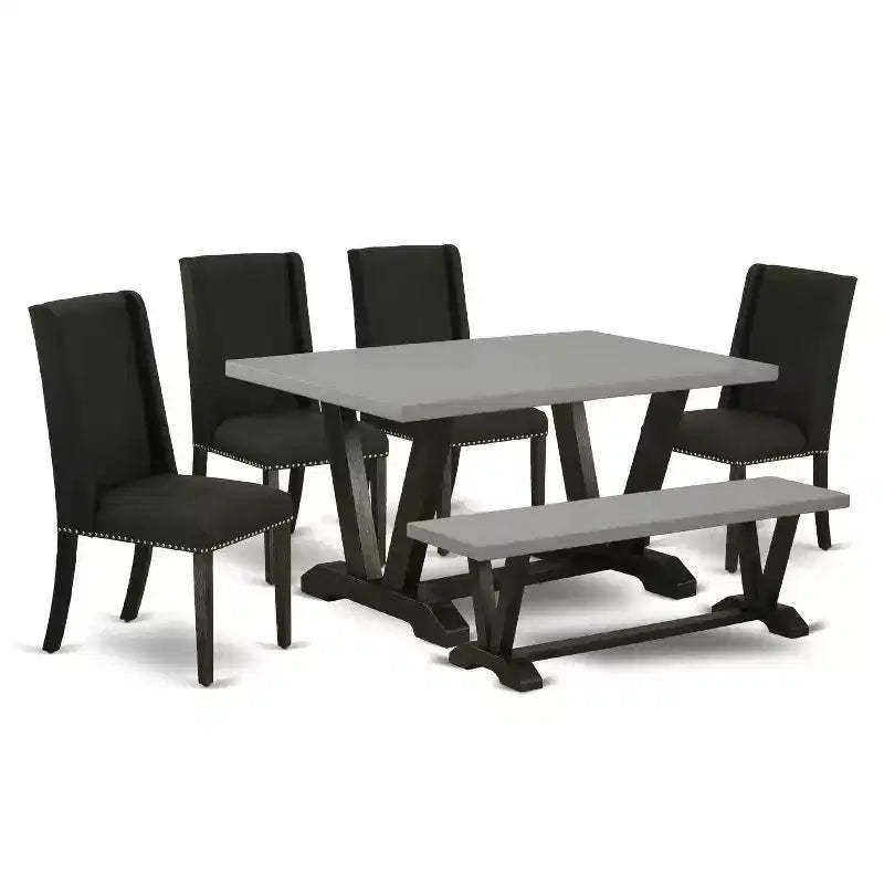 HomeStock 6-Pc Rectangle Natural Oak Finish Solid Wood Top Dining Table with 1-Bench, 4 Upholstered-Chairs