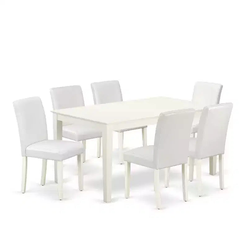 HomeStock 7-Piece Rectangle Linen White Finish Solid Wood Top Dining Table with 6 Parson-Chairs