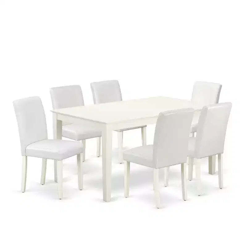 HomeStock 7-Piece Rectangle Linen White Finish Solid Wood Top Dining Table with 6 Parson-Chairs