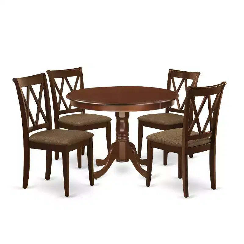 HomeStock 5-Piece Round Mahogany Finish Solid Wood Top Dining table with 4-Chairs with Cross Back