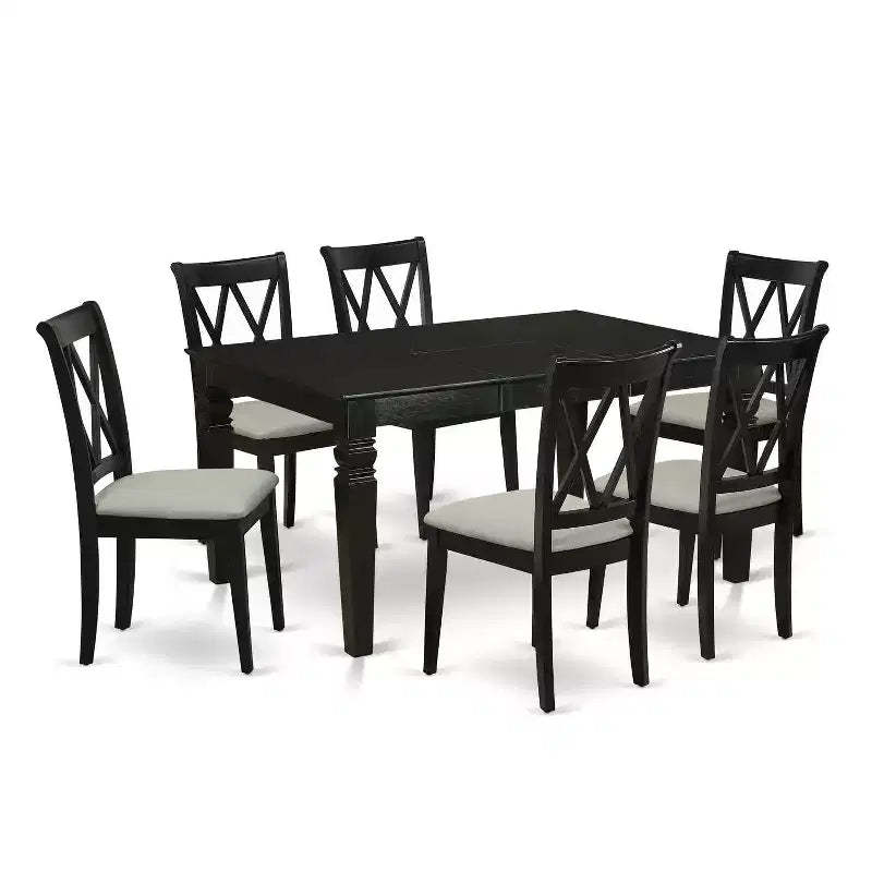 HomeStock 7-Piece Rectangle Black Finish Solid Wood Top Dining Table with 6-Chairs with Butterfly Leaf Cross Back