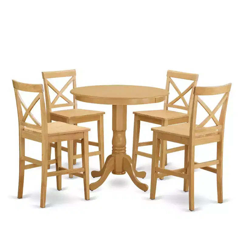 HomeStock 5-Piece Round Natural Oak Finish Solid Wood Top Dining table with 4 Chairs