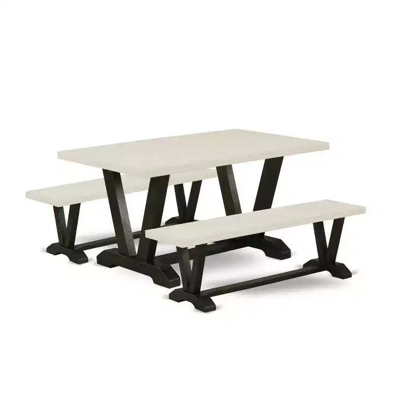HomeStock 3-Piece Rectangle Natural Oak Finish Solid Wood Top Dining Table with 2-Benches