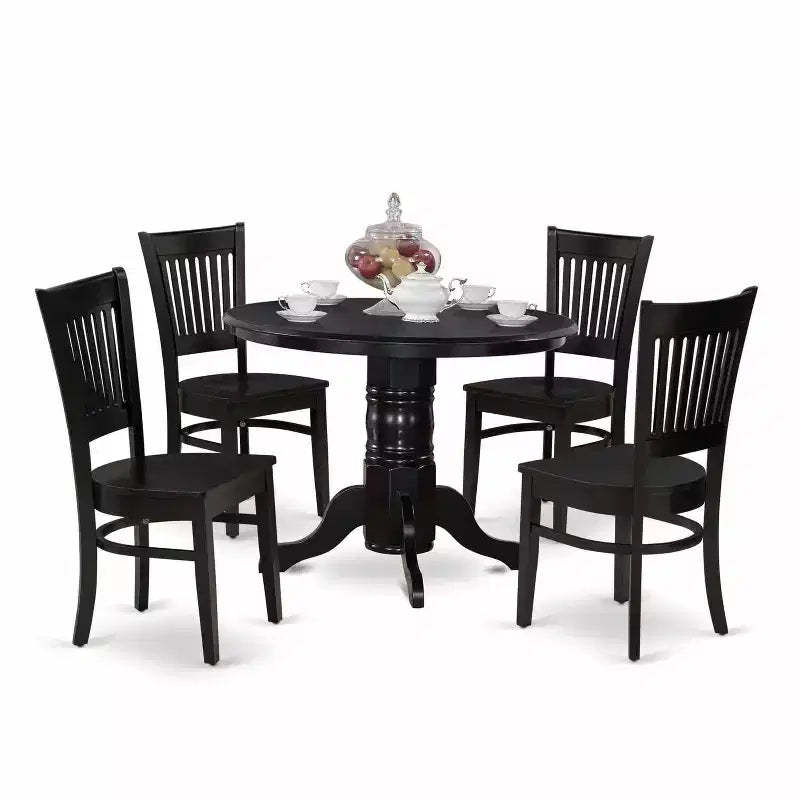 HomeStock 5-Piece Black Finish Solid Wood Top Dining table with 4 Chairs with Slat Back