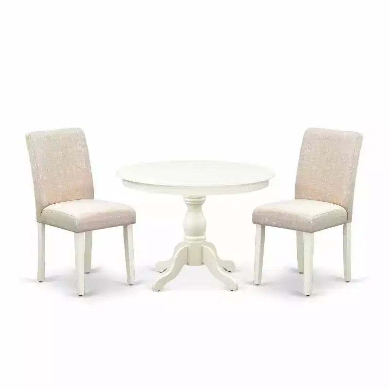 3-Piece Linen White Finish Solid Wood Top-Round Dining Room Set with High Back-Seats 4