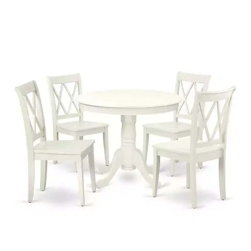 HomeStock 5-Pc Round Linen White Finish Solid Wood Top Dining table with 4 Chairs with Cross Back