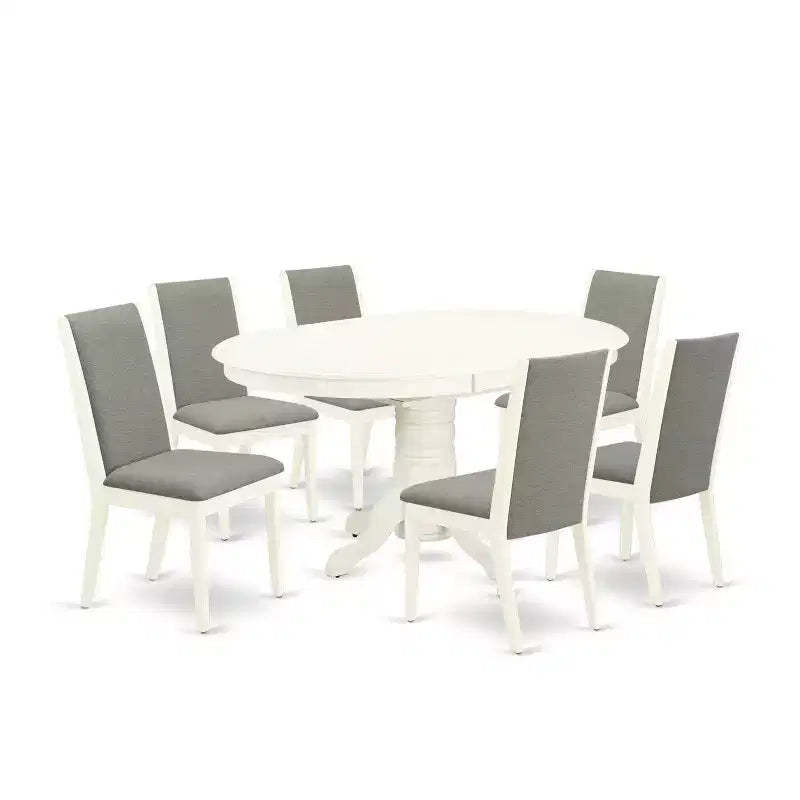 HomeStock 7-Pc Linen White Finish Solid Wood Top Dining Table with 6-Chairs with Butterfly Leaf