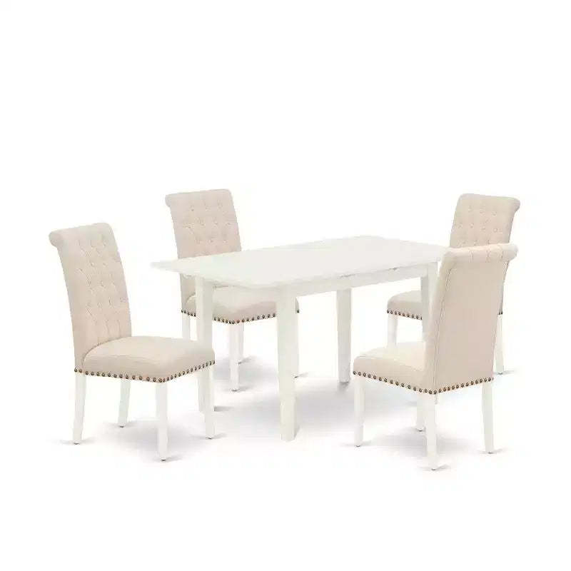 HomeStock 5-Pc Linen White Finish Solid Wood Top - Rectangular Button Tufted Dining Room Set with Butterfly Leaf - Seats 4