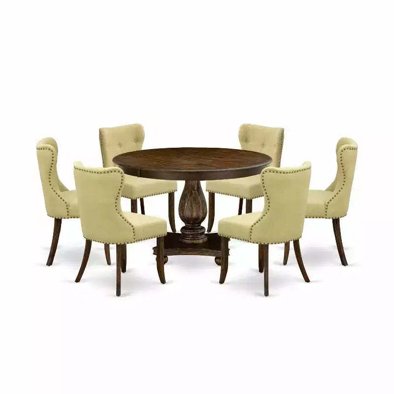 HomeStock 7-Piece Round Distressed Jacobean Finish Solid Wood Top Dining Table with 6 Parson Chairs