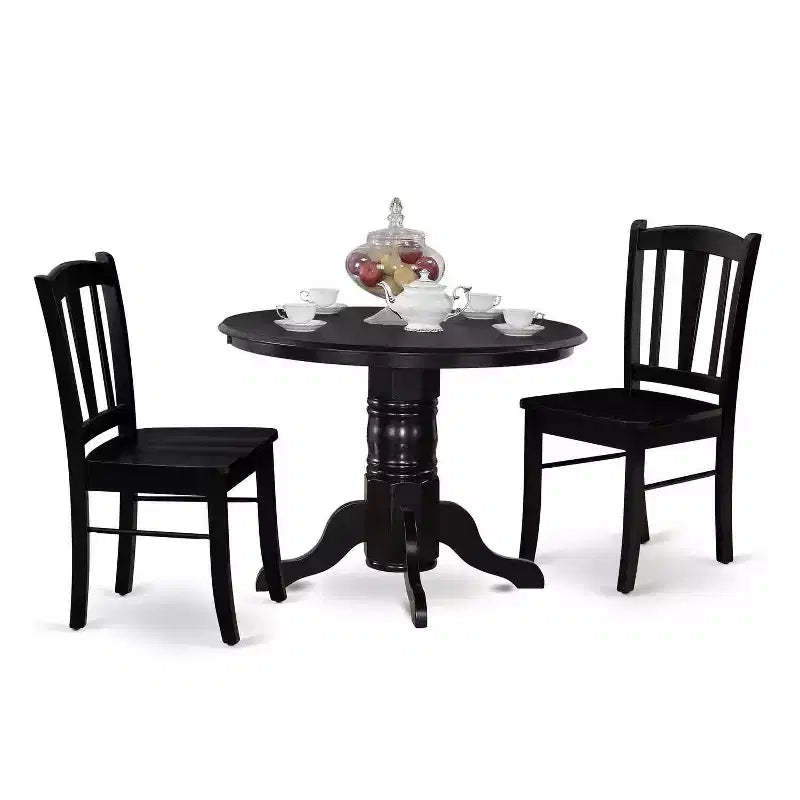 Modern 3Pc Dinette Set - Round Dining Table with 2 Wooden Chairs - Black Finish Kitchen Table Set