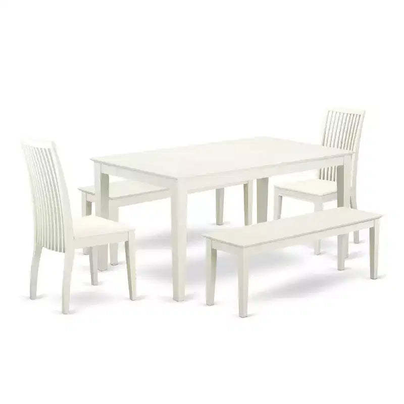 HomeStock 5-Piece Rectangle Linen White Finish Solid Wood Top Dining Table with 2 Benches, 2 Chairs