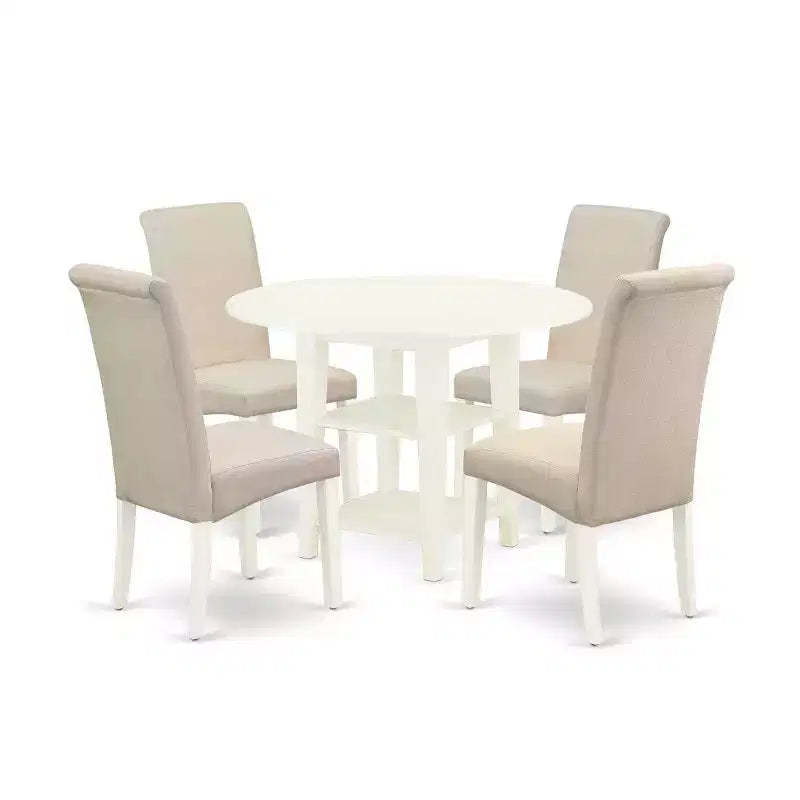 HomeStock 5-Pc Round Linen White Finish Solid Wood Top-Dining Room Set with Dropleaf-Seats 4