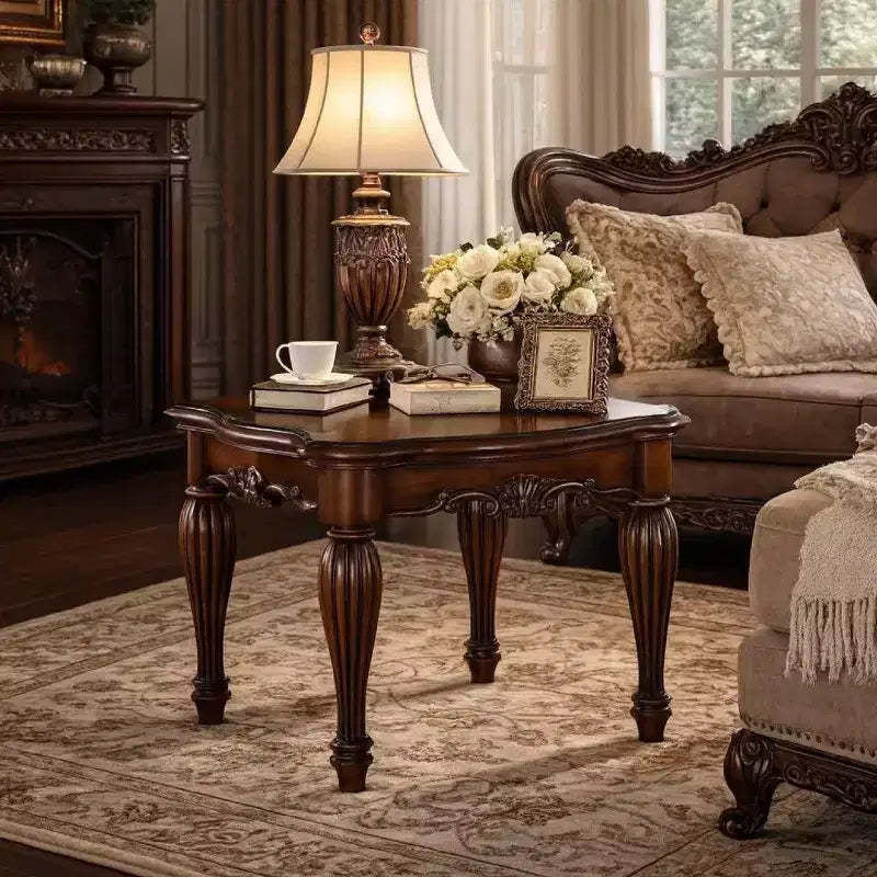 Royal Hampton Square Top End Table With Scrolled Leg And Bottom Shelf, Cherry Brown
