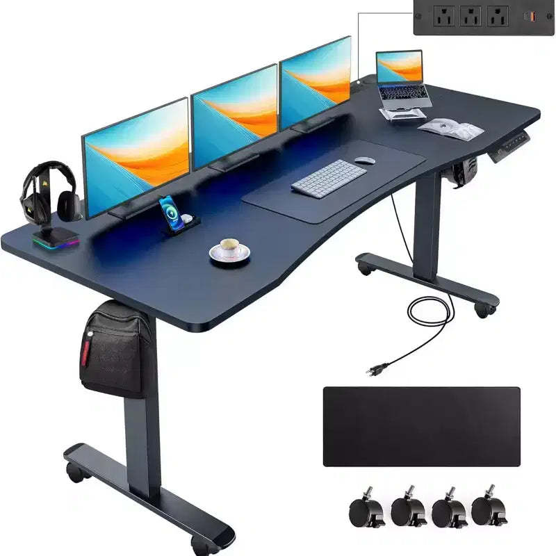 HOMDOX Elec-Standing Computer Desk Adjustable Height 63  24 Ergonomically Curved Desktop with Outlet Lockable Casters Lifting Range 27''-46''