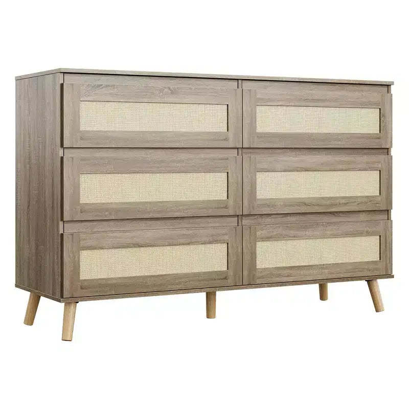 Bedroom Six-Drawer Chest, Modern Wide-Body Drawer Cabinet, Wooden Wardrobe Chest with Rattan-Woven Drawers, Suitable for 55-inch TV, Living Room