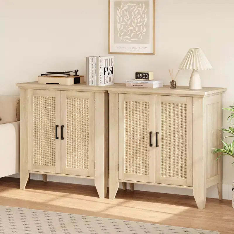 White rattan storage cabinet with doors and shelves, sideboard, suitable for entryways, dining rooms, and living rooms.