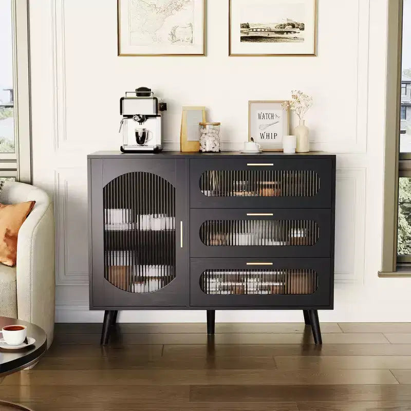 Sideboard Buffet Cabinet with Storage, Buffet Cabinet with Fluted Door and 3 Drawers, Sideboard for Kitchen, Dining Roombeautiful