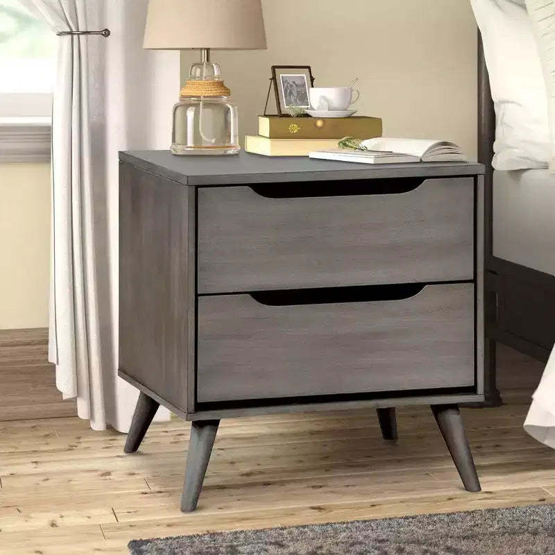 Royal Hampton 2 Drawer Wooden Nightstand with Cut Out Pulls, Gray