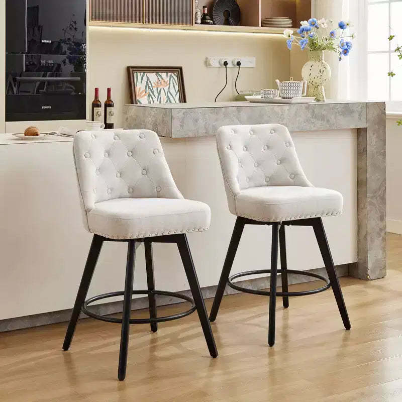 Set of 2 Modern Swivel Bar Stools, 26 Counter Height Bar Chairs with Back and Wooden Legs, Upholstered Kitchen Barstools for Kitchen, Dining