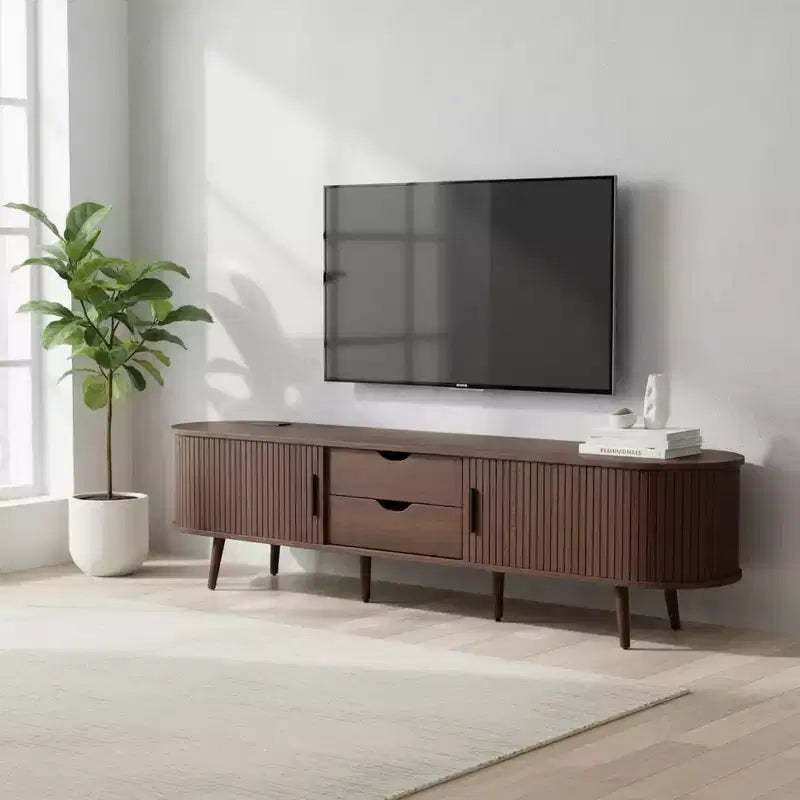 Homy Casa 70 Mid-Century Modern TV Stand with Tambour Doors, Drawers and Built-In Power Outlet for 80 TV, Walnut