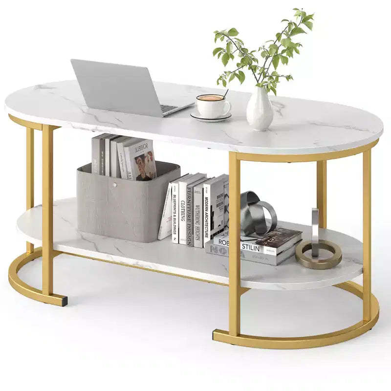 Costway Oval Coffee Table with Metal Support Legs for Apartment Office Reception White