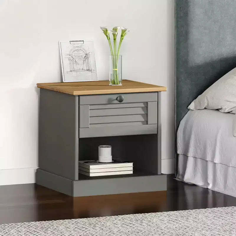 Bedside Cabinet Grey Solid pine wood, engineered wood, metal