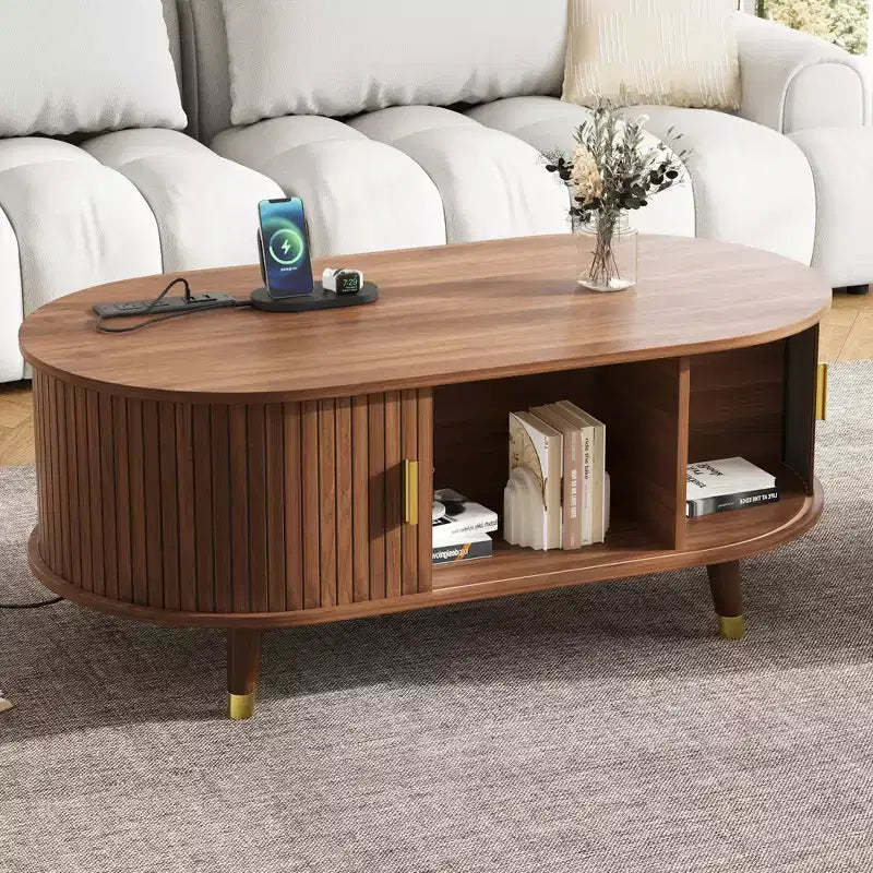 JVNOXKMedieval-Style Wooden Oval Grooved Coffee Table with Charging Station, Featuring Sliding Roller Shutters Solid Wood Legs, Walnut