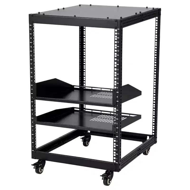 Open Network Rack, Carbon Steel, Height Adjustable 22-40 in, Wall Mount & Free Standing, 2 Trays & Casters, Server Rack Holds IT/AV Equipment.