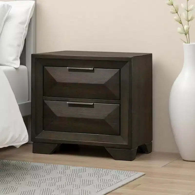 Royal Hampton Nightstand, 2 Bevel Drawers, Nickel Handles, Espresso Brown Wood