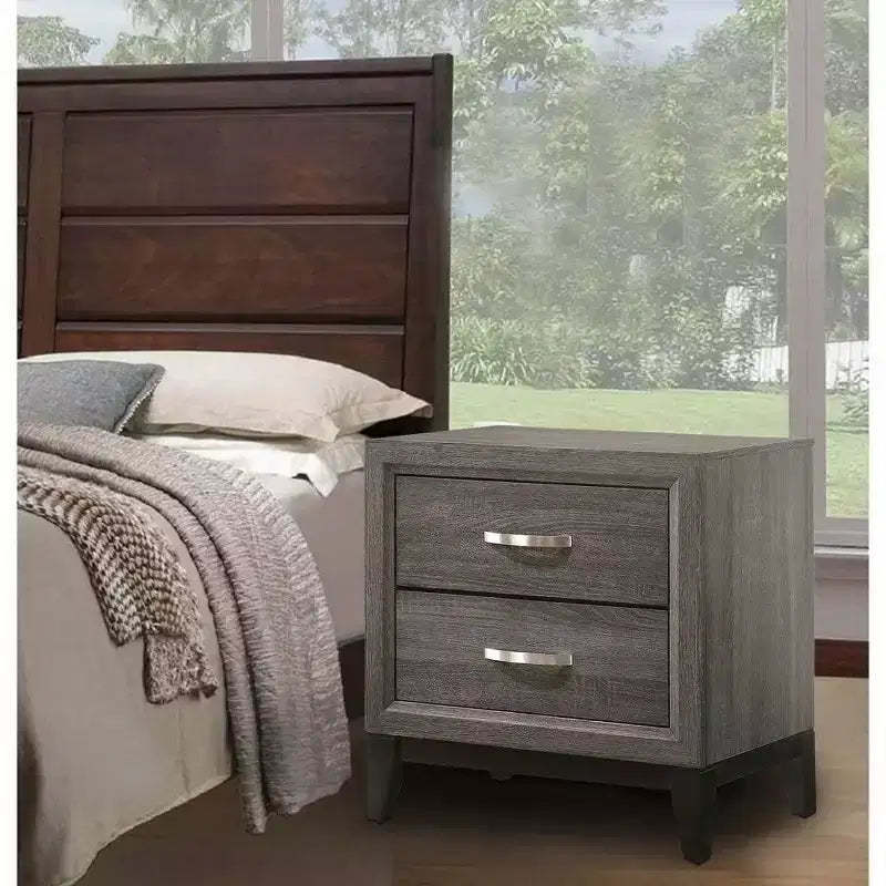Royal Hampton 25 Inch Modern 2 Drawer Nightstand, Metal Handle, Gray Foil Finish