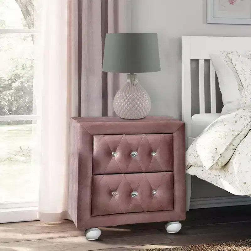 Royal Hampton 17 Inch Modern Upholstered Nightstand, 2 Drawer, Crystal Handles, Pink