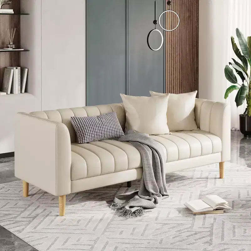 Modern Faux Leather Sofa 83, 3 Seater Deep Seat Couch with Wood Legs, Ergonomic Cushions & 2 Throw Pillows for Living Room, Bedroom or Apartment