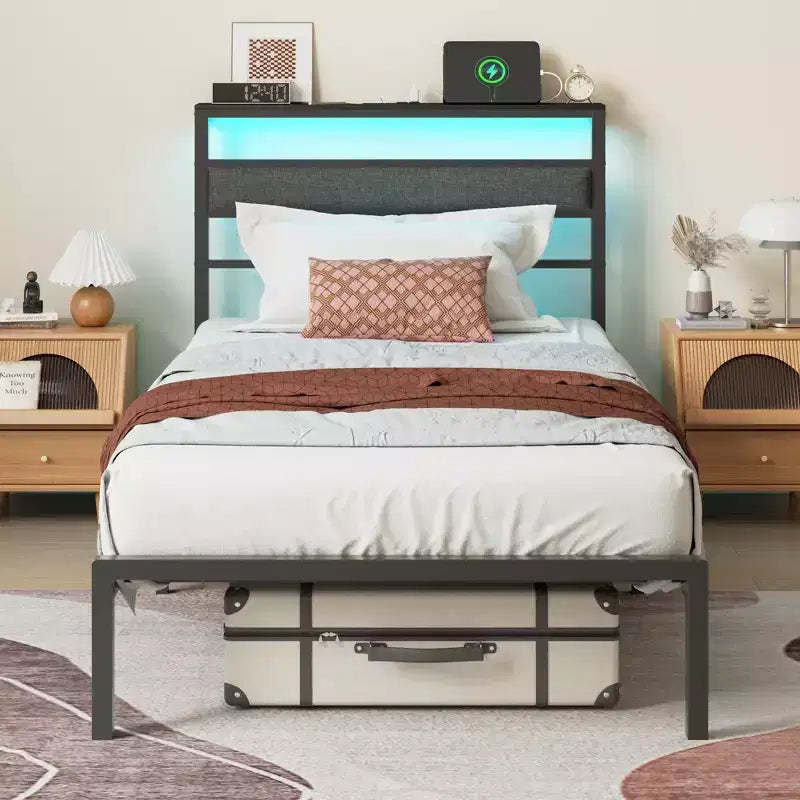 Twin Size Kids Platform Bed Frame with Upholstered Storage Headboard RGB LED Lights Built In Charging Station USB Ports No Box Spring Needed Metal Bed