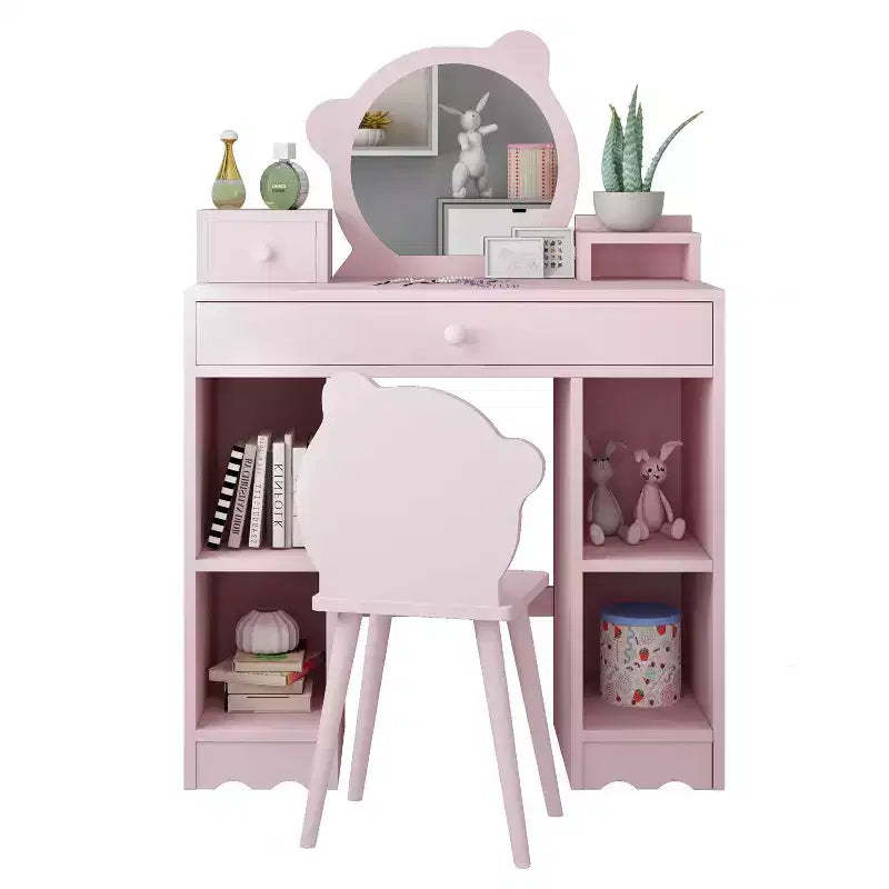 Kids Vanity Set, 2-In-1 Princess Dressing Table & Stool Set, Bear-Shaped Mirror & Stool, Children Makeup Dressing Table for Play Room Bedroom