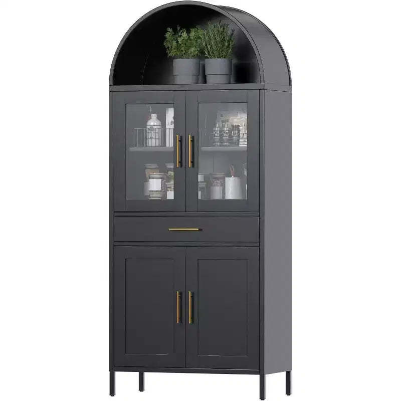 COZONY Tall Metal Arched Cabinet, Glass Door Pantry Bookcase with Drawer Adjustable Shelves for Living Room Kitchen