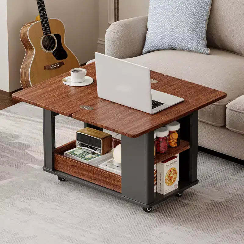 JVNOXK 27.6'' Modern Multi-Function Coffee Table/Side Table with Foldable Top & Casters, Multi-tier storage, Black & Walnut