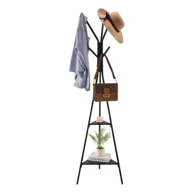 Freestanding Coat Rack with 6 Hooks and 2 Shelves Steel Hall Tree for Entryway