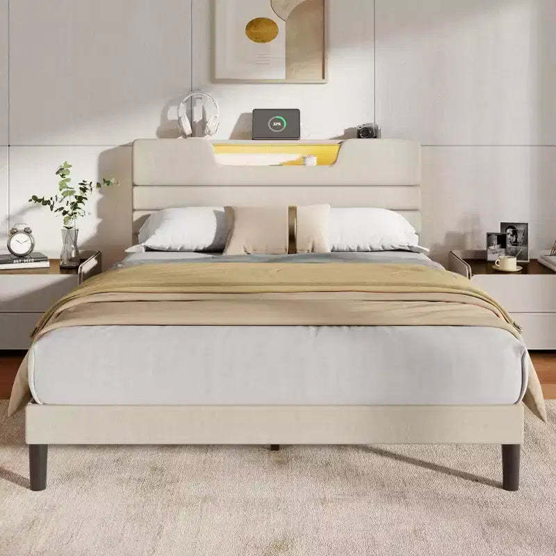 Queen Size Bed Frame with Charging Station LED Lights Upholstered Headboard Modern Platform Bed Beige Fabric 2 Tier Storage Shelf Sturdy Wooden Slats